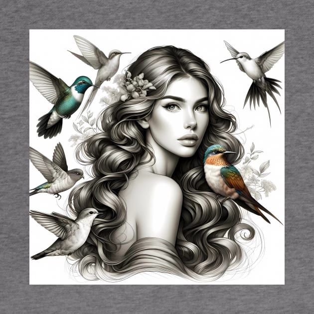 Beautiful girl curly hair surrounded by flowers and birds by zoeexhibition